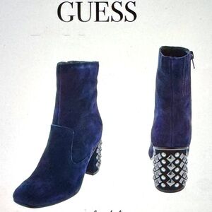 Guess Women's Blue Suede Stud Heeled Ankle Boots NWOT